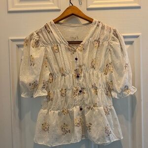 Handmade Cottagecore Sheer Peasant Blouse XXS Floral Cream w/Purple Buttons